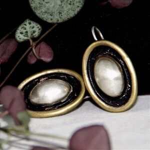 Vintage Mexico‎ 925 Sterling Silver Mixed Metal Oval Dome Drop Earrings Taxco